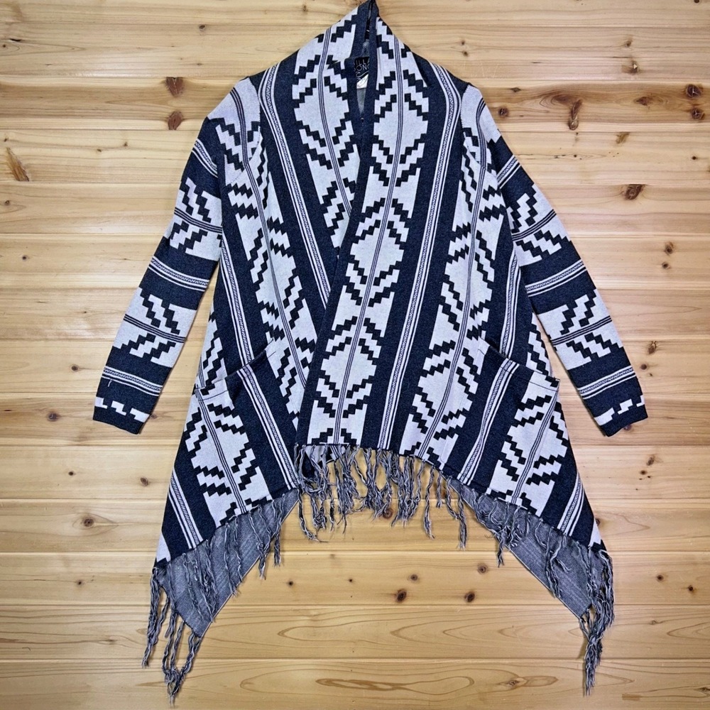 Billabong Sweater Womens Small Black and White Aztec Print Fringe Open Cardigan
